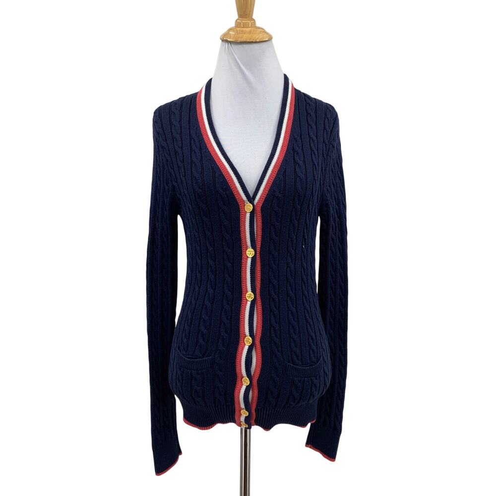 Brooks Brothers Cardigan Womens XS Extra Small Prussian Cable Knit Striped Trim